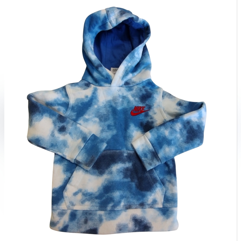 Nike Kids Blue and White Tie-Dye Hoodie with Red Logo 2T